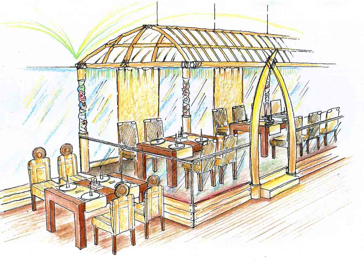 Coffee In - Ideen Skizze für den Asien Restaurant Themen Bereich in der Interior Design Ausstattung Planung von Milo