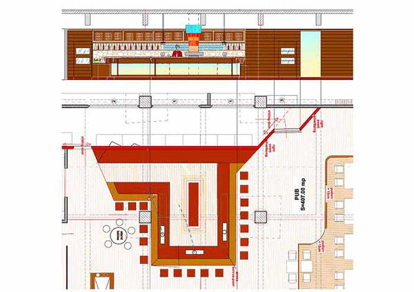 Mont Blanc Gastro Event Center - technischer Grundriss Plan für die Musik Pub Bar und der Interior Design Planung