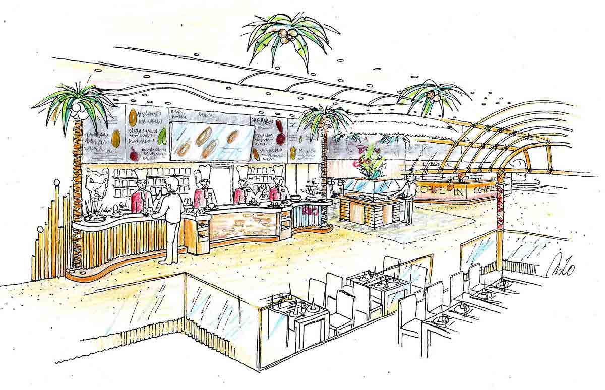 Coffe In Gastronomie Restaurant - Showküchen Ideen Skizze für die Interior Design Planung von Milo
