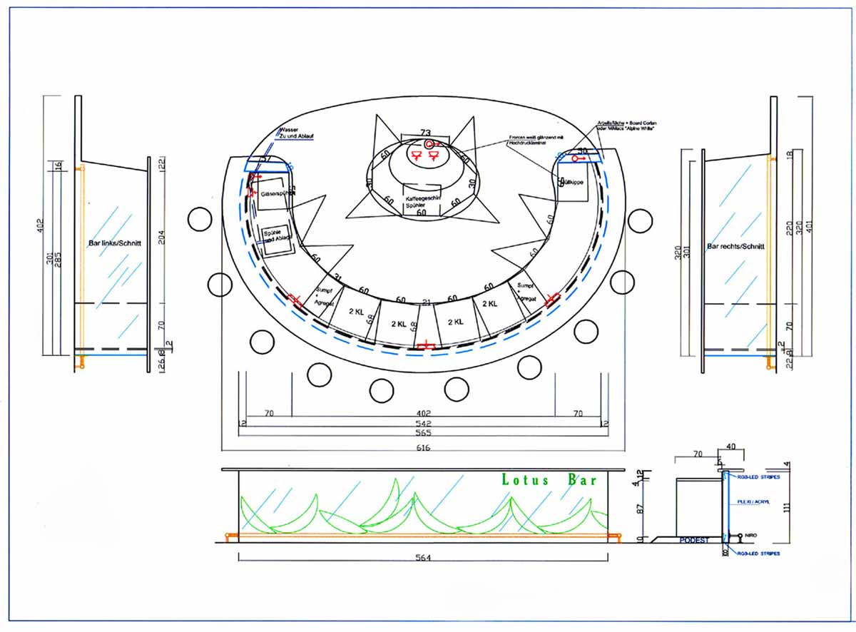Technische Zeichnung für die Kaffee Sekt Bar in der SCS - Einteilung, Funktionen und Design Planung von Milo