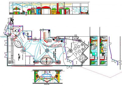 Indoor Kinder Garten Spielhalle Kidsland - Grundriss und Wandabwicklungen - Ausstattung Interior Design Planung Milo
