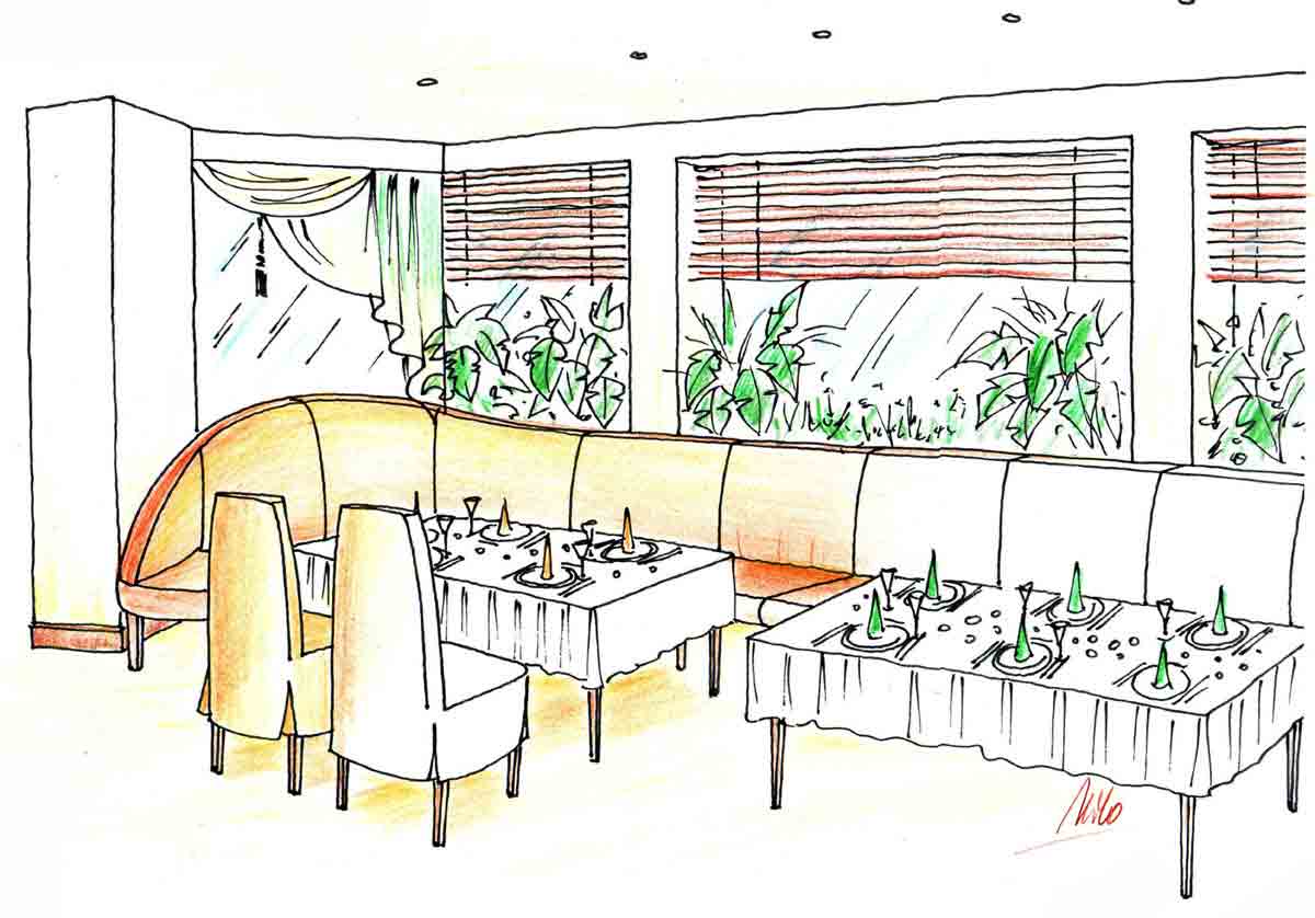 Variante 2 - Themen Restaurant Sitzbereich in Schwechat - warme Farben für die Innenarchitektur Design Planung