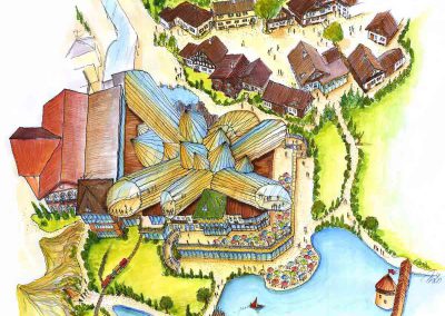 Themen Fun Park Gastronomie und ein Schweizer Dorf - als Zentrum des Parks - Konzept Design Planung Milo